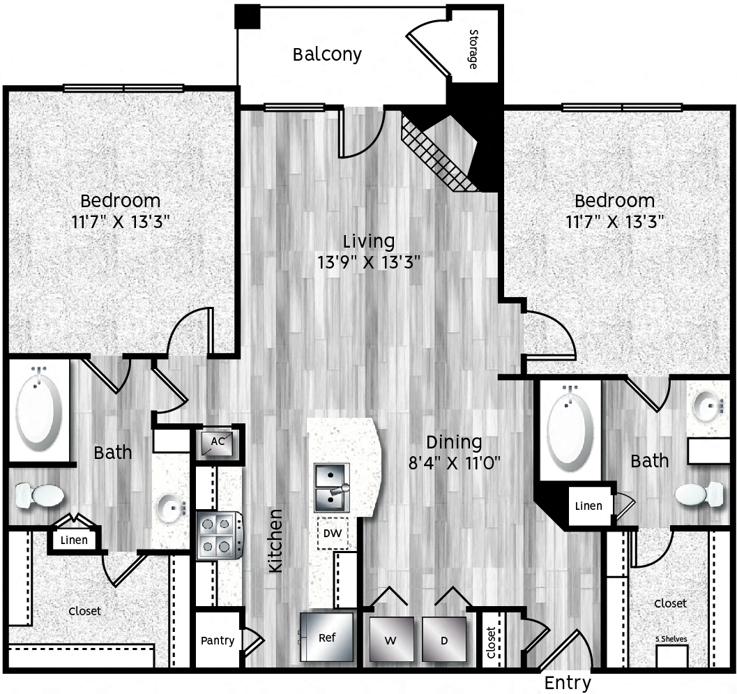 Two Bedroom, Two Bathroom apartment in Irving, TX.